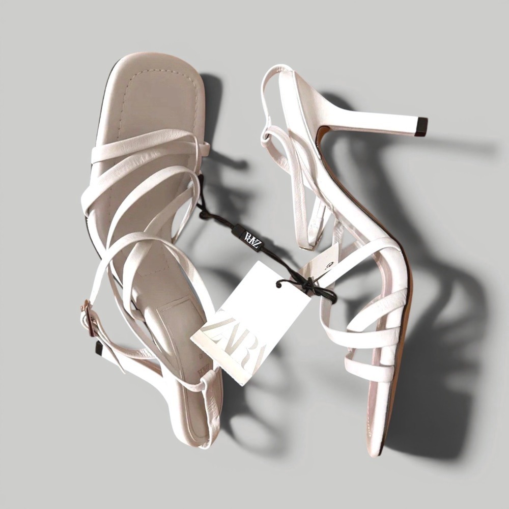 Zara Strappy High Heel Sandals Womens 40 White Square Toe Stiletto NWT